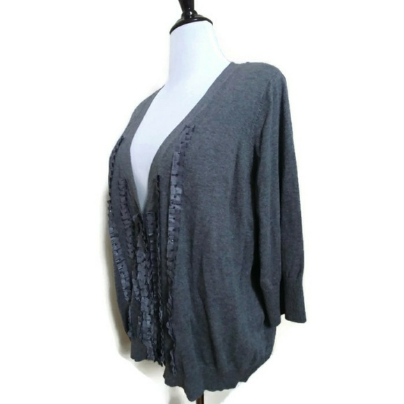 Lane Bryant Grey Lace Trim 3/4 Sleeve Cardigan - Picture 2 of 4